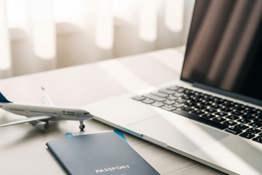 A passport and travel documents on a desk